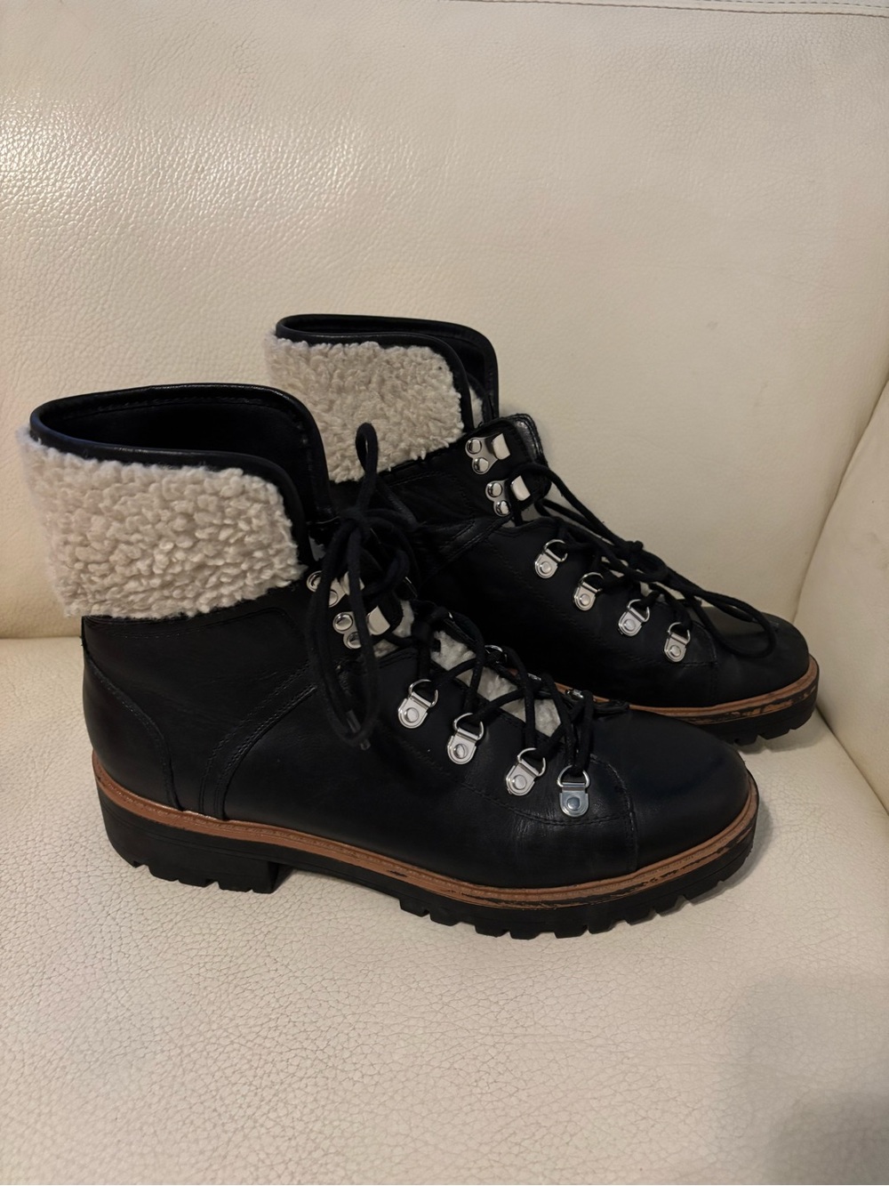Marc Fisher Black Leather Lace-Up Boots with Shearling Collar
